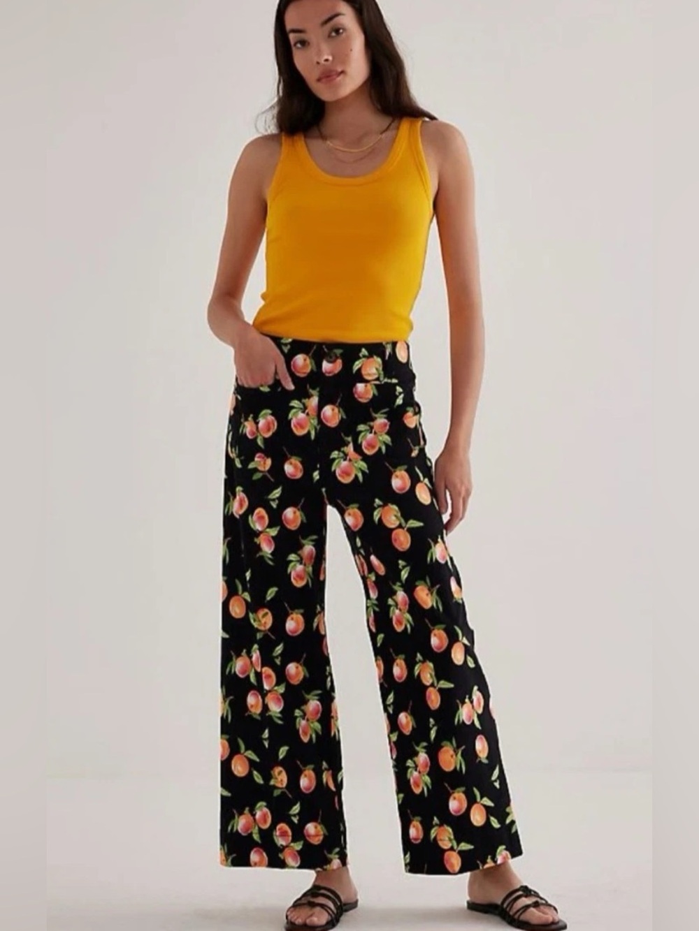 Maeve Colette black peach print Stretch Cropped Wide-leg high rise Pants Size 31